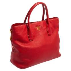 Pre Owned Prada Red Vitello Daino Leather Shopper Tote