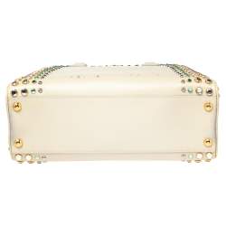 Pre Owned Prada Beige Crystal Embellished Saffiano Patent Leather Pyramid Frame Satchel