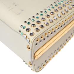 Pre Owned Prada Beige Crystal Embellished Saffiano Patent Leather Pyramid Frame Satchel