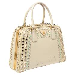 Pre Owned Prada Beige Crystal Embellished Saffiano Patent Leather Pyramid Frame Satchel