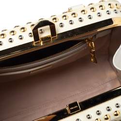 Pre Owned Prada Beige Crystal Embellished Saffiano Patent Leather Pyramid Frame Satchel