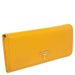 Pre Owned Prada Yellow Saffiano Leather Flap Continental Wallet