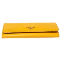 Pre Owned Prada Yellow Saffiano Leather Flap Continental Wallet