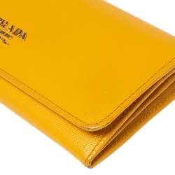 Pre Owned Prada Yellow Saffiano Leather Flap Continental Wallet