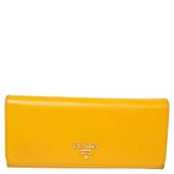 Pre Owned Prada Yellow Saffiano Leather Flap Continental Wallet