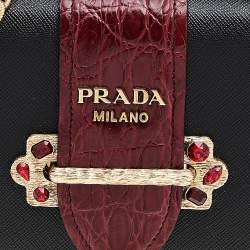 Pre Owned Prada Black/Red Saffiano And Crocodile Cahier Shoulder Bag