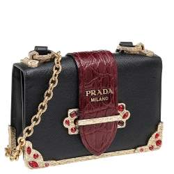 Pre Owned Prada Black/Red Saffiano And Crocodile Cahier Shoulder Bag