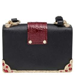 Pre Owned Prada Black/Red Saffiano And Crocodile Cahier Shoulder Bag