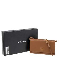 Pre Owned Prada Brown Leather Wallet On Strap