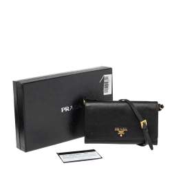 Pre Owned Prada Black Saffiano Lux Leather Wallet On Strap
