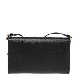 Pre Owned Prada Black Saffiano Lux Leather Wallet On Strap