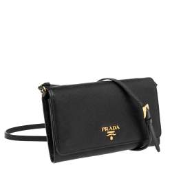 Pre Owned Prada Black Saffiano Lux Leather Wallet On Strap