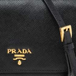 Pre Owned Prada Black Saffiano Lux Leather Wallet On Strap