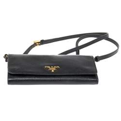 Pre Owned Prada Black Saffiano Lux Leather Wallet On Strap
