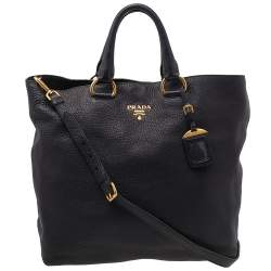 Pre Owned Prada Black Vitello Daino Leather Shopping Tote