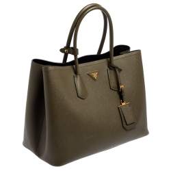 Pre Owned Prada Military Green Saffiano Cuir Leather Large Double Handle Tote