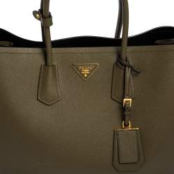 Pre Owned Prada Military Green Saffiano Cuir Leather Large Double Handle Tote