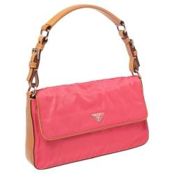 Pre Owned Prada Pink Nylon and Leather Flap Shoulder Bag