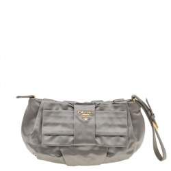Pre Owned Prada Grey Nylon Tessuto Bow Wristlet Clutch