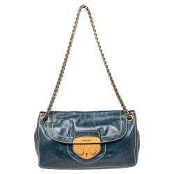 Pre Owned Prada Blue Distressed Leather Flap Chain Shoulder Bag