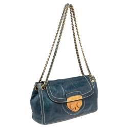 Pre Owned Prada Blue Distressed Leather Flap Chain Shoulder Bag