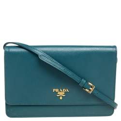 Pre Owned Prada Teal Blue Saffiano Leather Crossbody Bag