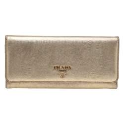 Pre Owned Prada Gold Saffiano Leather Flap Continental Wallet
