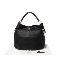 Pre Owned Prada Black Cervo Leather Zip Around Hobo