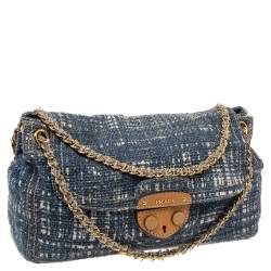 Pre Owned Prada Blue Tweed Flap Shoulder Bag