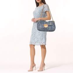 Pre Owned Prada Blue Tweed Flap Shoulder Bag
