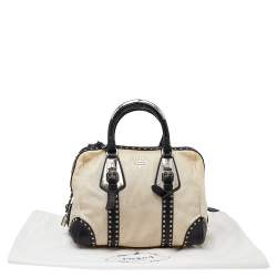 Pre Owned Prada Cream/Black Leather Studded Trunk Bauletto Bag