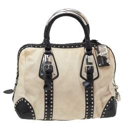 Pre Owned Prada Cream/Black Leather Studded Trunk Bauletto Bag