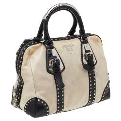 Pre Owned Prada Cream/Black Leather Studded Trunk Bauletto Bag