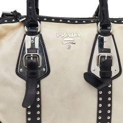 Pre Owned Prada Cream/Black Leather Studded Trunk Bauletto Bag