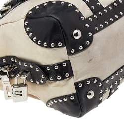Pre Owned Prada Cream/Black Leather Studded Trunk Bauletto Bag