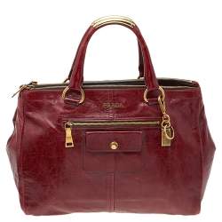 Pre Owned Prada Dark Red Vitello Shine Leather Tote