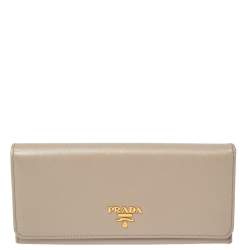 Pre Owned Prada Light Beige Saffiano Lux Leather Flap Continental Wallet