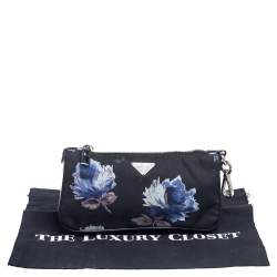 Pre Owned Prada Black Floral Print Nylon and Leather Pouch
