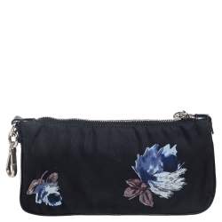 Pre Owned Prada Black Floral Print Nylon and Leather Pouch