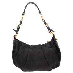 Pre Owned Prada Black Pleated Nylon and Leather Hobo