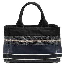Pre Owned Prada Black Snakeskin Leather And Canvas Canapa Tote