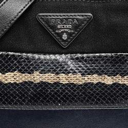 Pre Owned Prada Black Snakeskin Leather And Canvas Canapa Tote