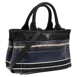 Pre Owned Prada Black Snakeskin Leather And Canvas Canapa Tote