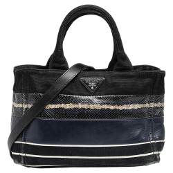 Pre Owned Prada Black Snakeskin Leather And Canvas Canapa Tote