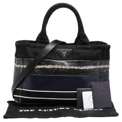 Pre Owned Prada Black Snakeskin Leather And Canvas Canapa Tote