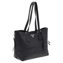 Pre Owned Prada Black Vitello Leather Phenix Side Zip Shopping Tote