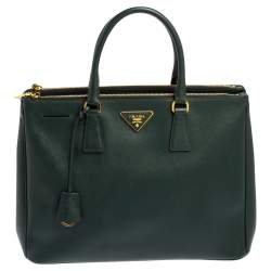 Pre Owned Prada Emerald Green Saffiano Lux Leather Large Double Zip Tote