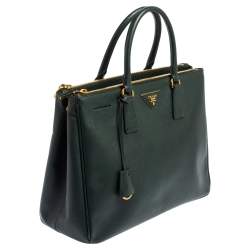Pre Owned Prada Emerald Green Saffiano Lux Leather Large Double Zip Tote