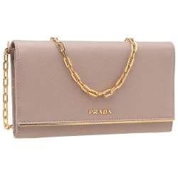 Pre Owned Prada Beige Saffiano Leather Wallet On Chain