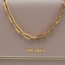 Pre Owned Prada Beige Saffiano Leather Wallet On Chain